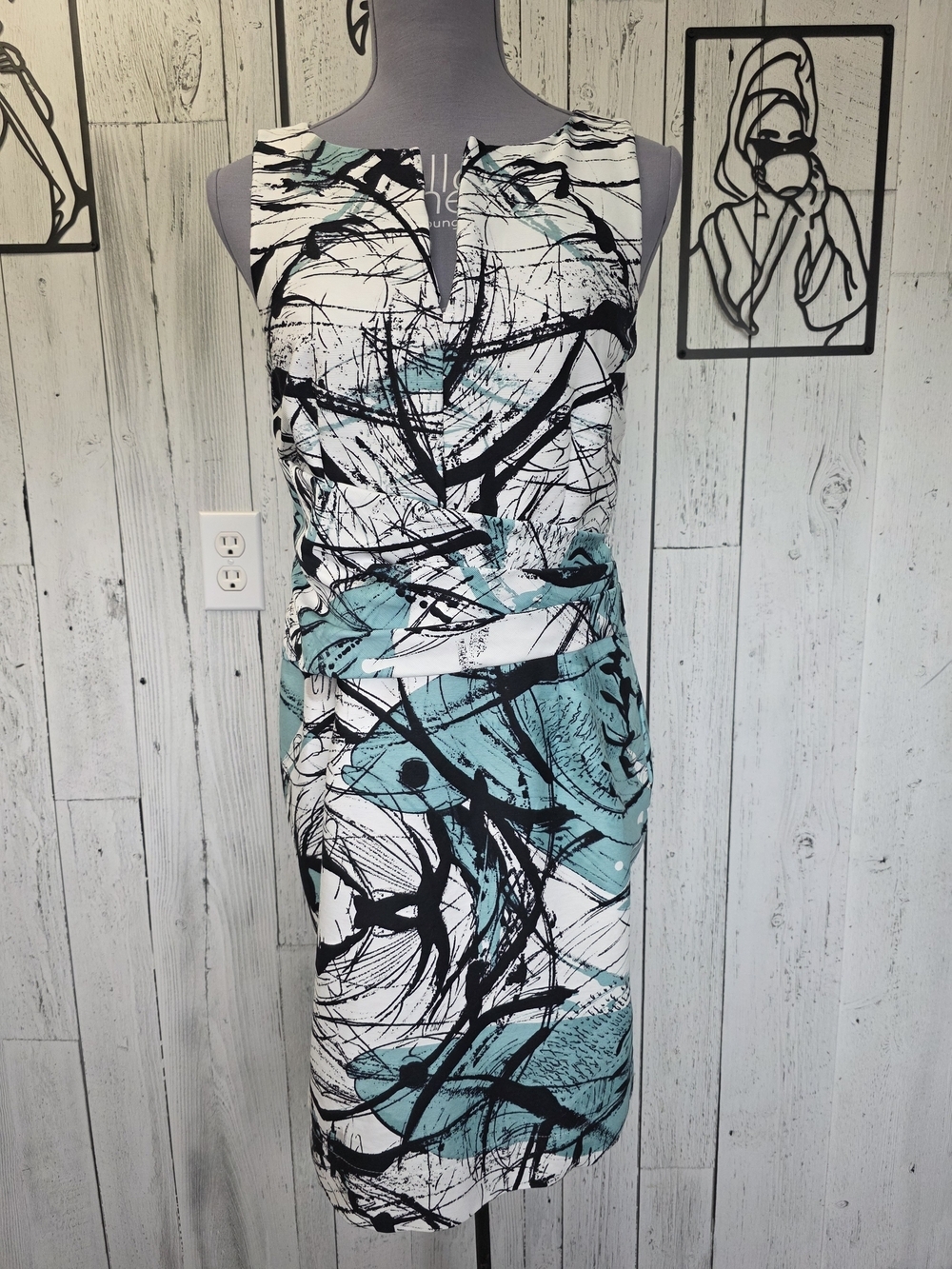 Taylor Abstract Print Ruched Sheath Dress Black Aqua White Size 10 Business Wear